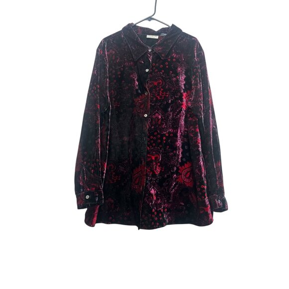 White Stag Tops - Paisley Velvet Button Down Tunic Top Women 1X Long Sleeves Dark Wimsigoth Grunge